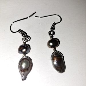 Handcrafted Black Pearl and Black Shell Drop Earrings